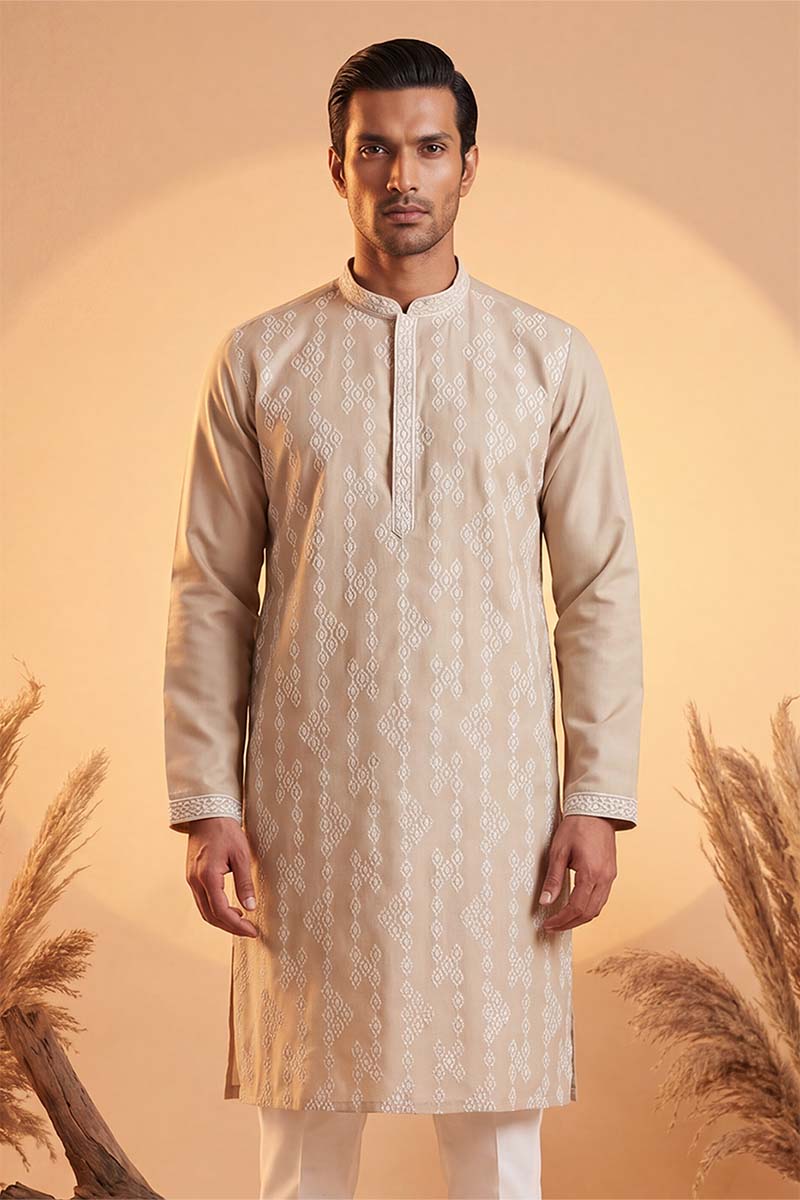 Beige Silk Blend Solid Embroidered Kurta With Trousers MKSET2089