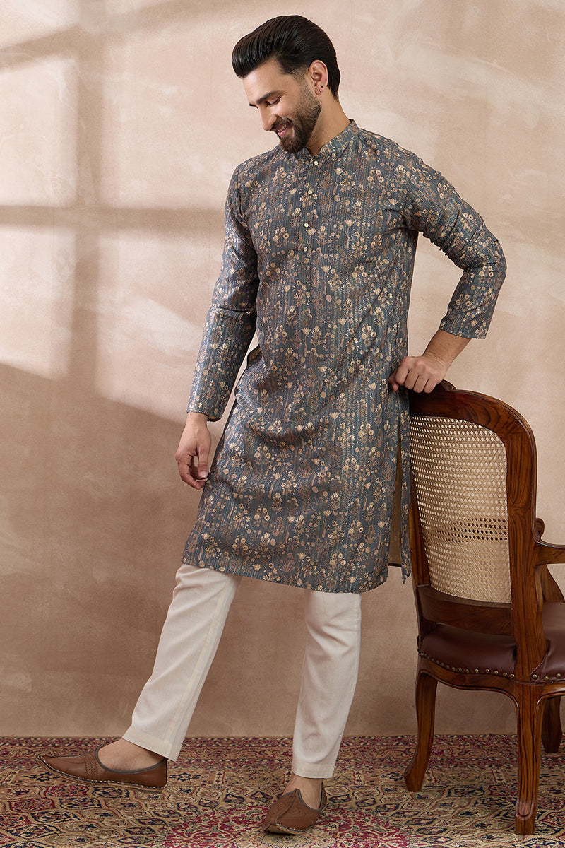 Grey Silk Blend Printed Indian Wear for Men | DesiQlo India