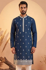 Silk Blend Blue Solid Embroidered Calf Length Straight Kurta MKU2274