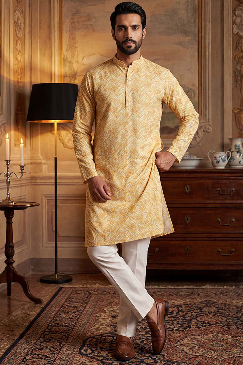 Yellow Cotton Blend Chevron Embroidered Kurta MKU2066