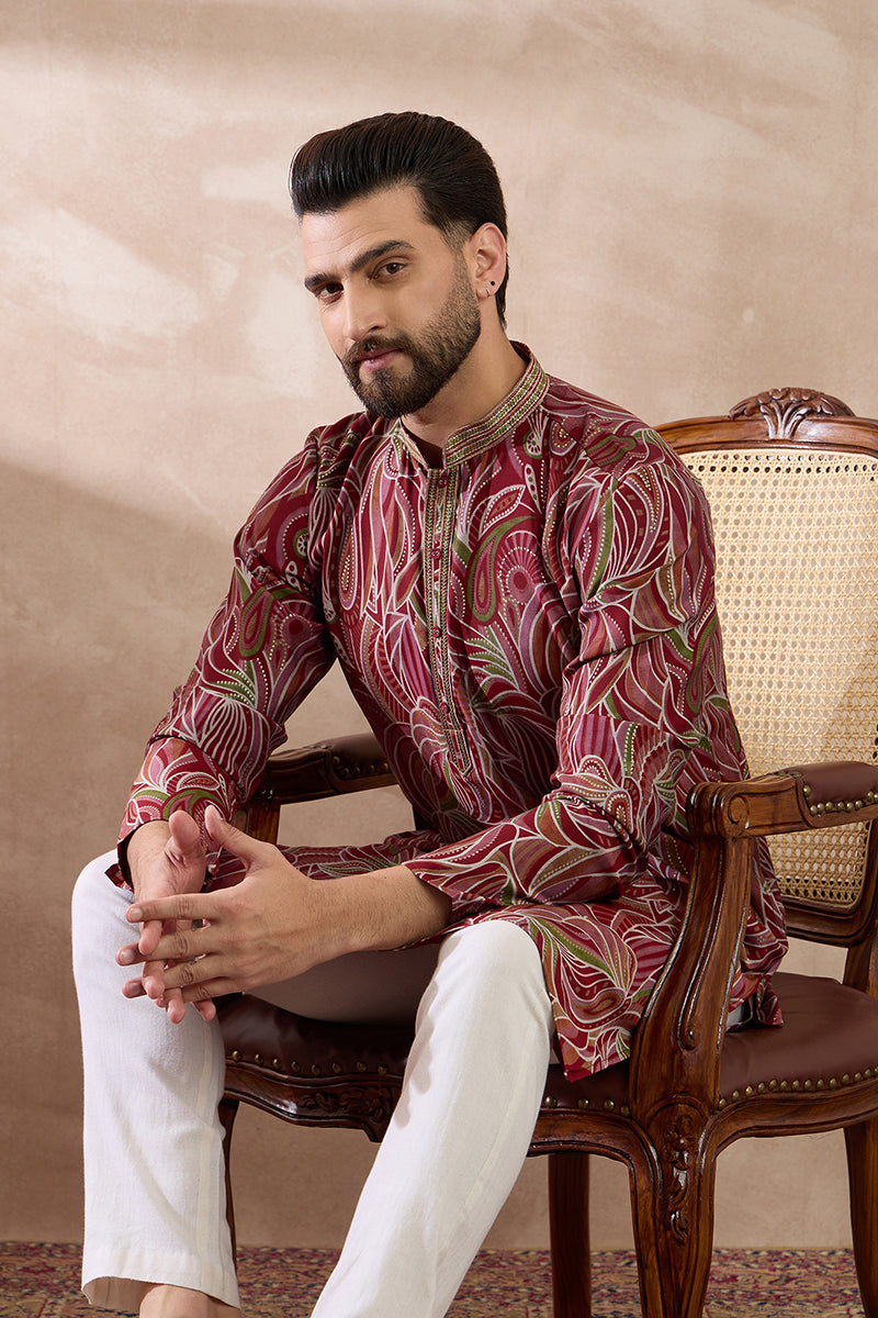 Red Silk Blend Printed Mandarin Collar Straight Kurta With Trouser MKSET1959