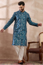Blue Silk Blend Printed Mandarin Collar Straight Kurta With Trouser MKSET1998