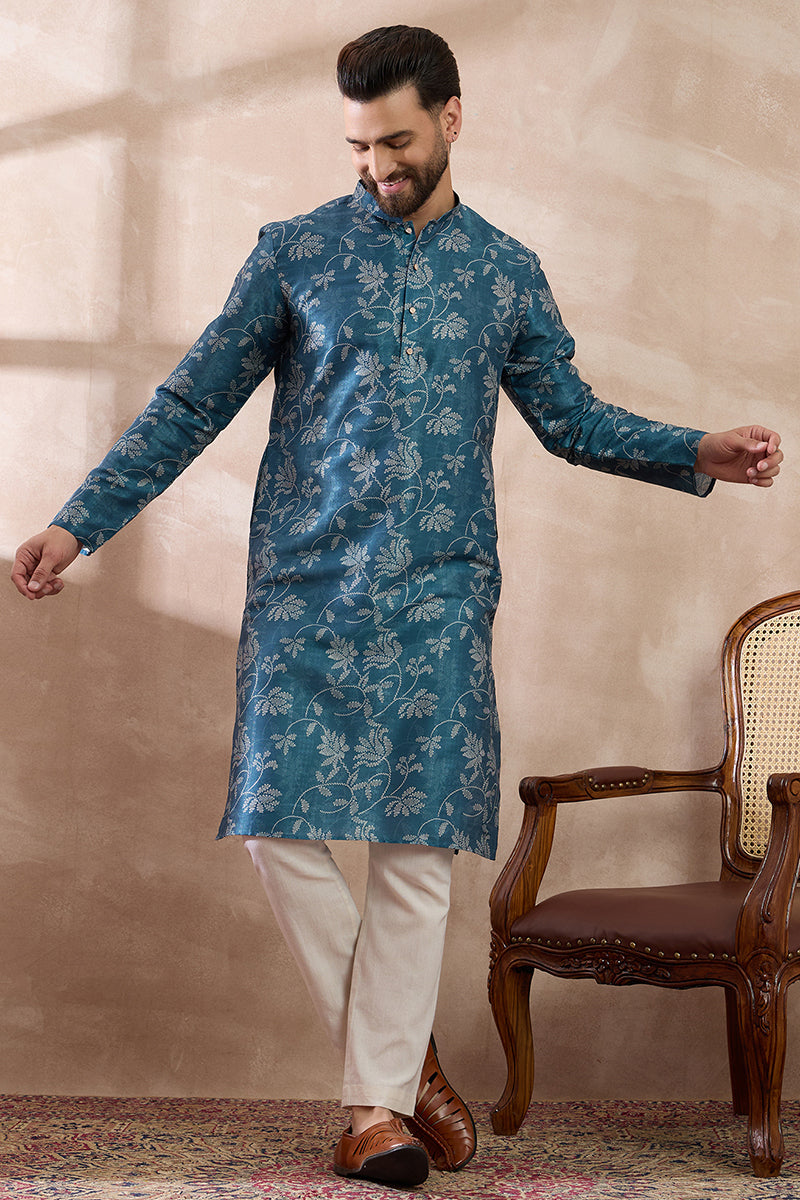 Blue Silk Blend Printed Mandarin Collar Straight Kurta With Trouser MKSET1998