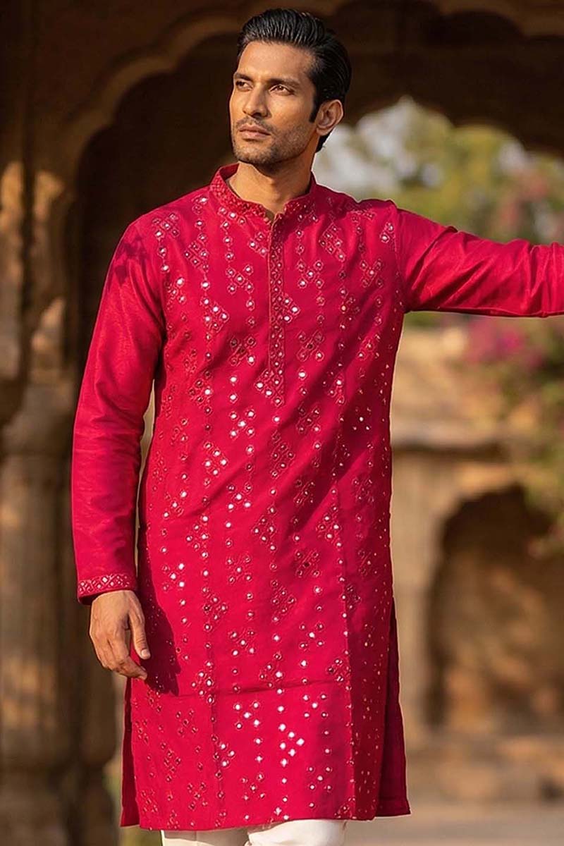 Pink Silk Blend Solid Embroidered Kurta With Trousers MKSET2076