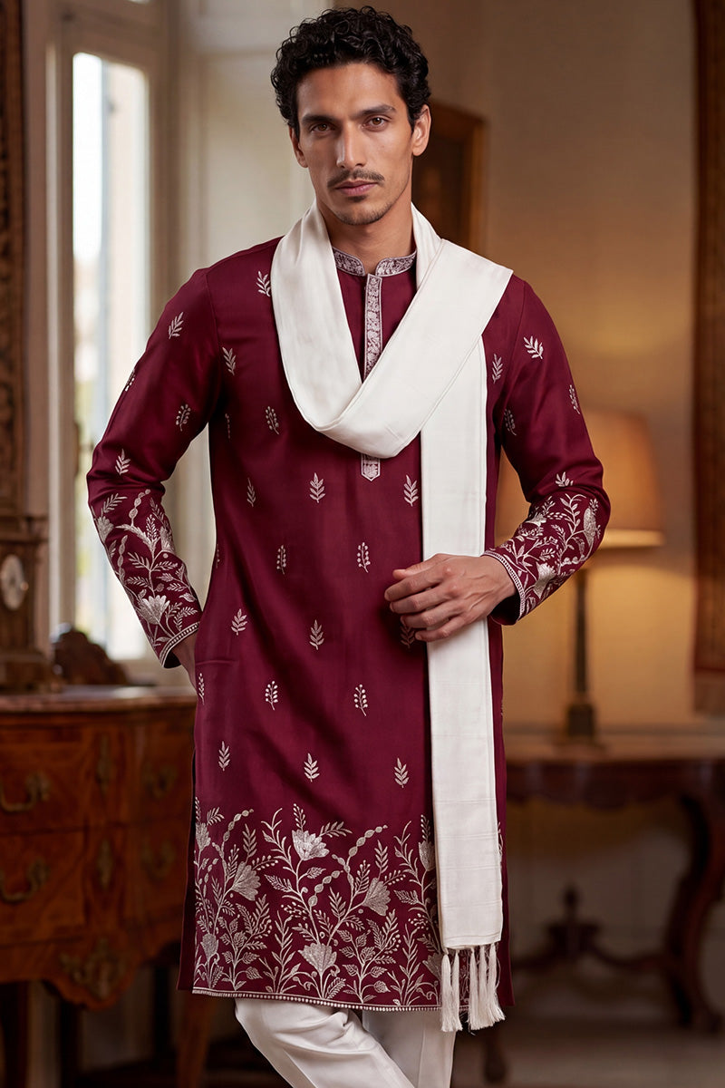 Maroon Silk Blend Solid Embroidered Straight Kurta with Dupatta MKUD1945