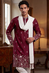 Maroon Silk Blend Solid Embroidered Straight Kurta with Dupatta MKUD1945