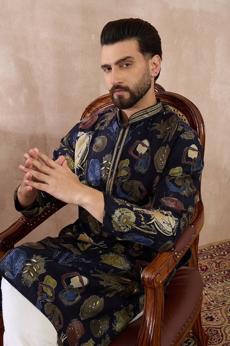 Navy Blue Silk Blend Printed Mandarin Collar Straight Kurta With Trouser MKSET1961