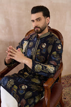 Navy Blue Silk Blend Printed Mandarin Collar Straight Kurta With Trouser MKSET1961