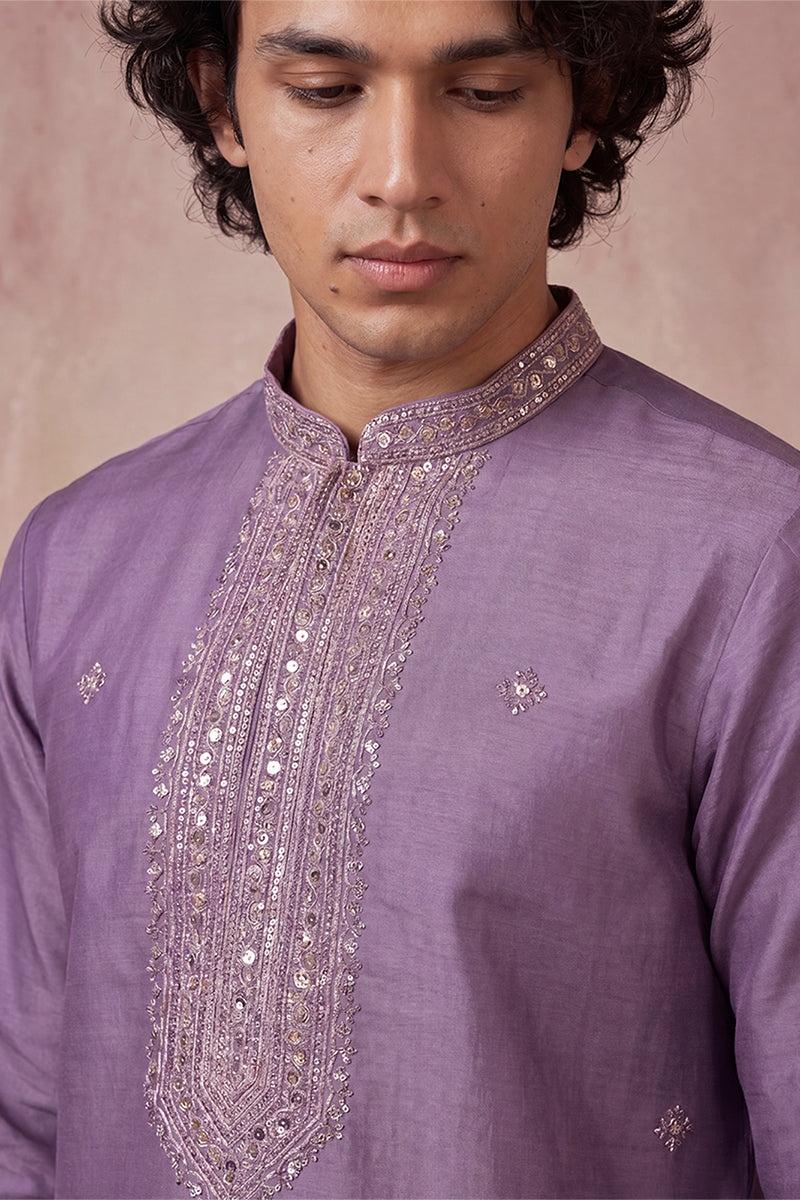 Lavender Silk Blend Solid Emboidered Sequins Kurta With Trouser MKSET2277