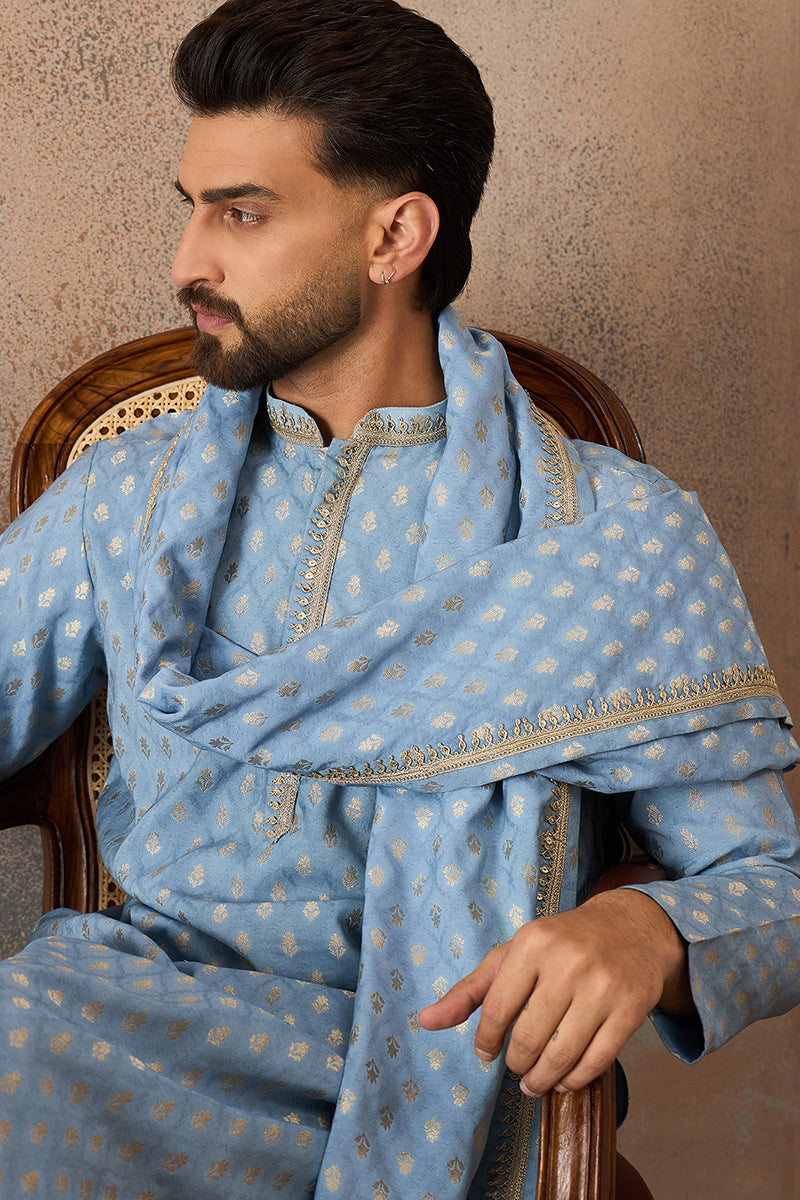 Blue Jacquard Woven Design Floral Straight Kurta Sets MKPD1019