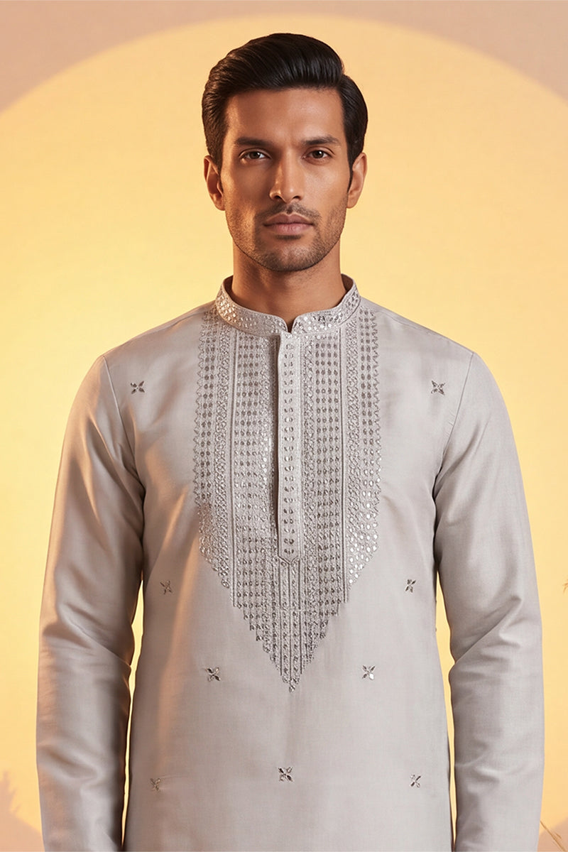 Grey Silk Blend Solid Emboidered Sequins Kurta MKU2280