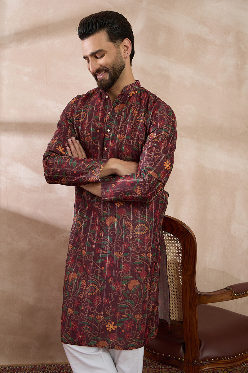 Maroon Silk Blend Printed Mandarin Collar Straight Kurta With Trouser MKSET2024