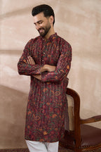 Maroon Silk Blend Printed Mandarin Collar Straight Kurta With Trouser MKSET2024