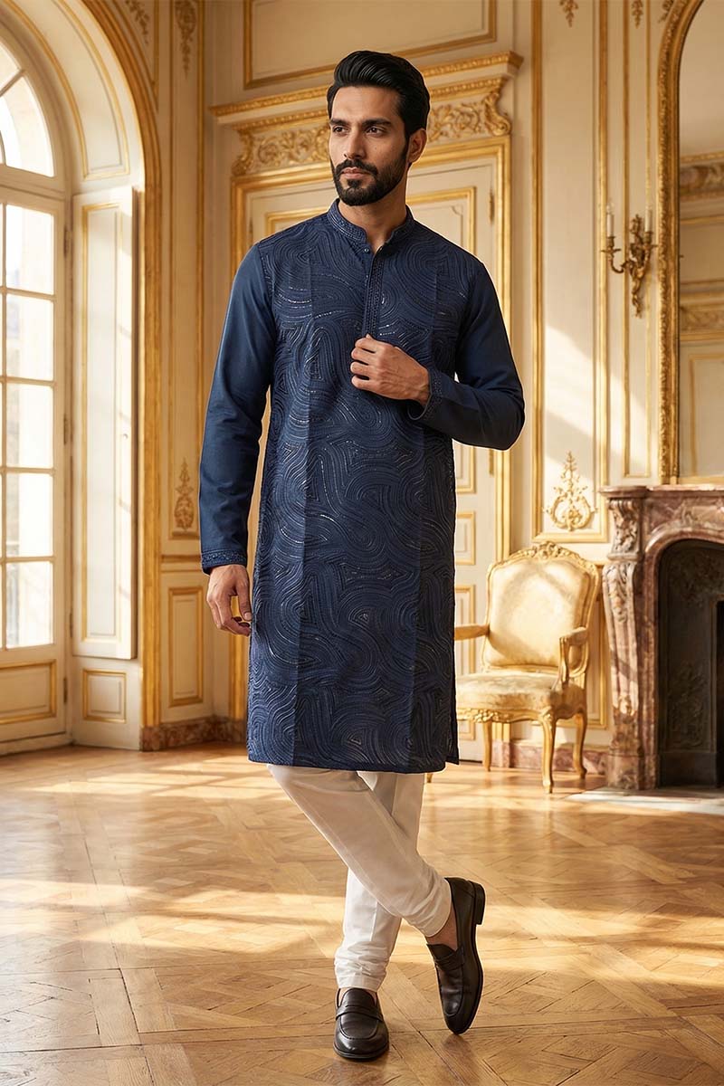 Blue Silk Blend Embroidered Straight Kurta MKU2124