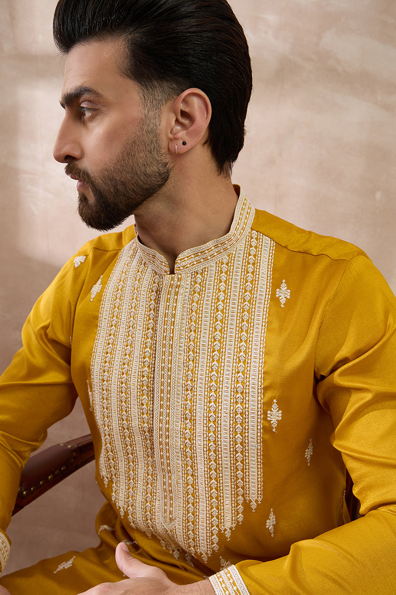 Yellow Silk Blend Embroidered Mandarin Collar Straight Kurta MKU1794