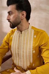 Yellow Silk Blend Embroidered Mandarin Collar Straight Kurta MKU1794