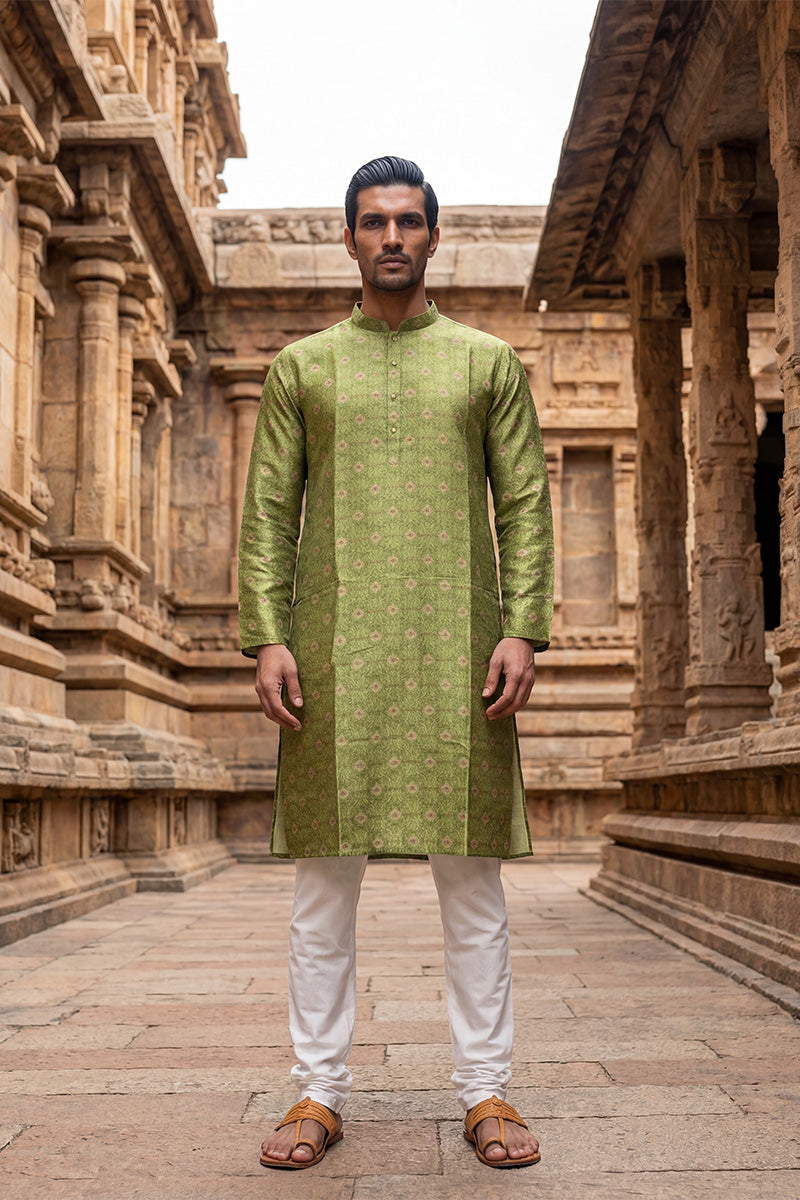 Green Silk Blend Printed Straight Kurta With Trousers MKSET1910