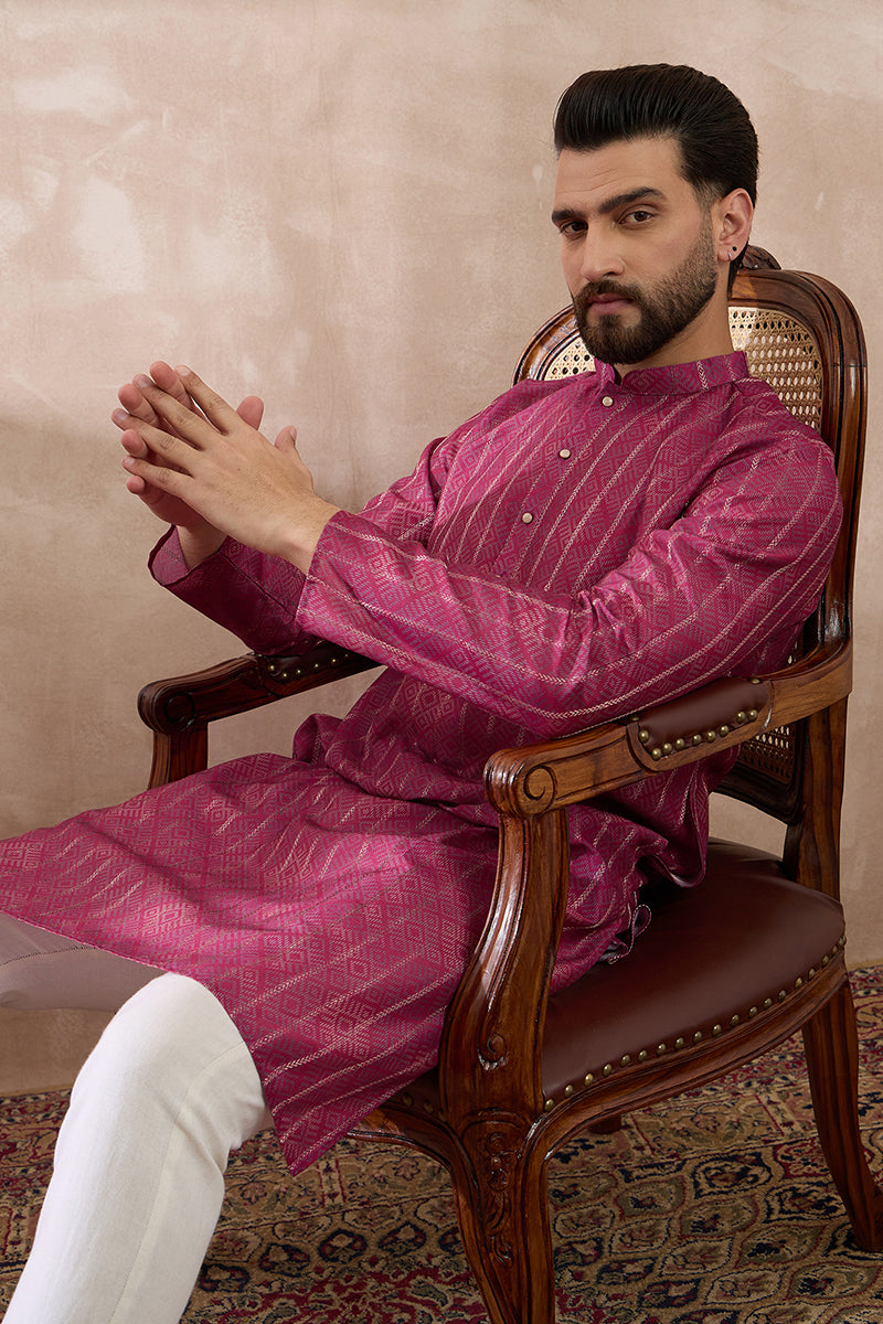 Pink Silk Blend Printed Mandarin Collar Straight Kurta MKU2114
