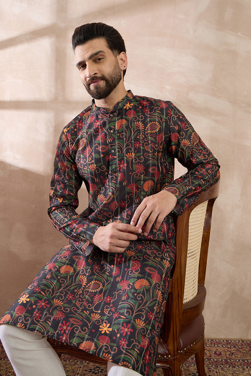 Black Silk Blend Embroidered Mandarin Collar Straight Kurta With Trouser MKSET2096