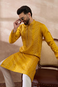 Mustard Silk Blend Embroidered Mandarin Collar Straight Kurta With Trouser MKSET1887