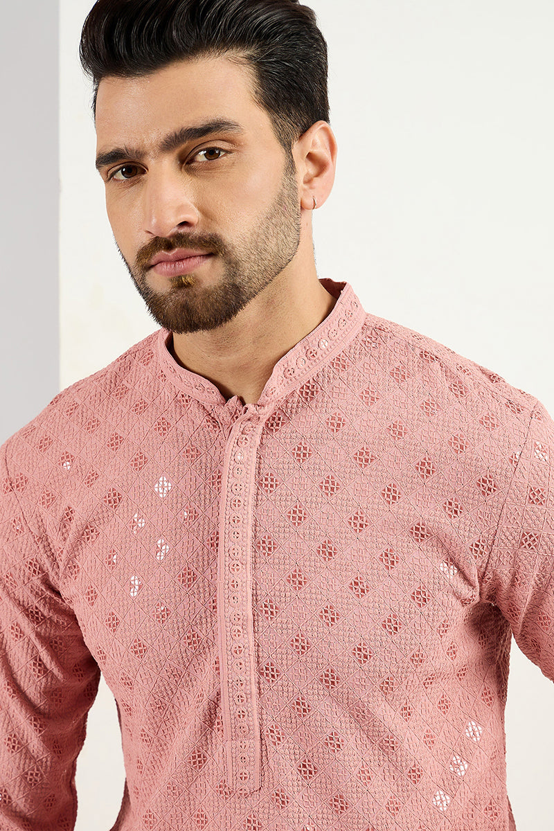 Pink Viscose Rayon Solid Embroidered Long Straight Kurta For Men MKU1060