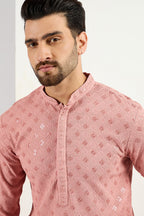 Pink Viscose Rayon Solid Embroidered Long Straight Kurta For Men MKU1060