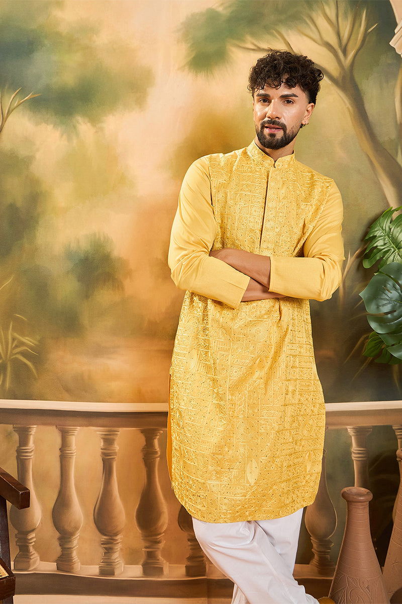 Yellow Silk Blend Solid Embroidered Straight Kurta MKU1494