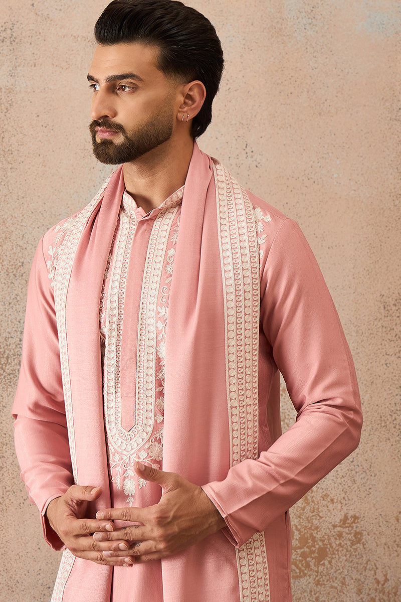 Peach Silk Blend Solid Embroidered Kurta With Dupatta MKUD1041
