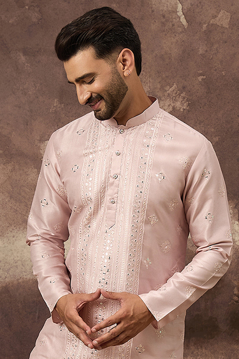 Pink Silk Blend Solid Embroidered Straight Kurta MKU1362