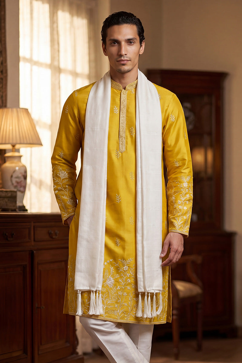 Yellow Chanderi Silk Solid Embroidered Straight Kurta Trouser with Dupatta MKPD1314