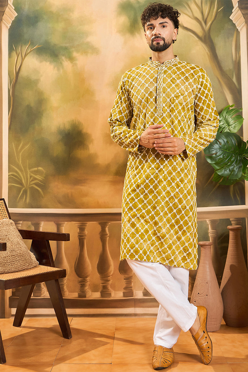 Yellow Viscose Rayon Shibori Embroidered Straight Kurta MKU1415