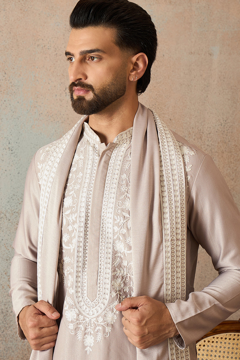 Beige Silk Blend Solid Embroidered Kurta Trouser With Dupatta MKPD1042