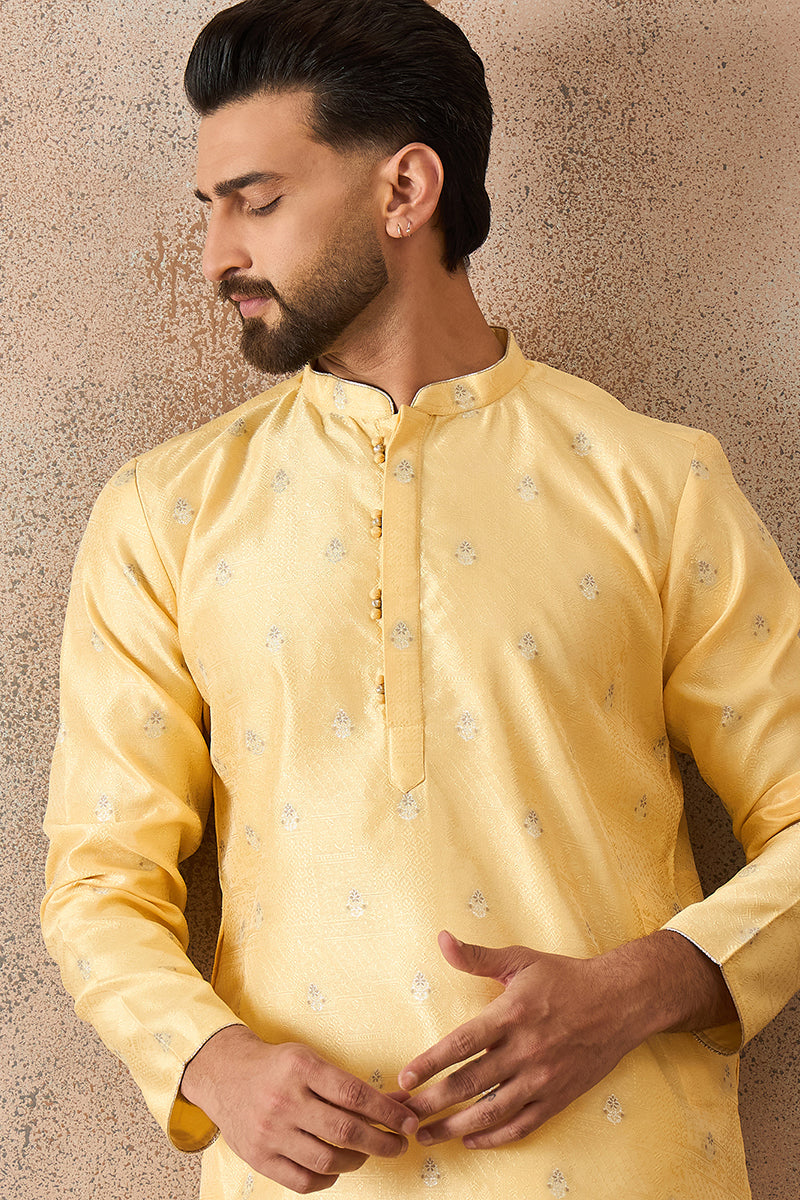 Yellow Silk Blend Floral Straight Kurta With Dupatta MKSET2216
