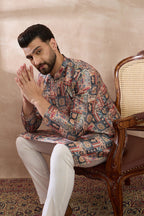 Multi Silk Blend Printed Mandarin Collar Straight Kurta With Trouser MKSET2001