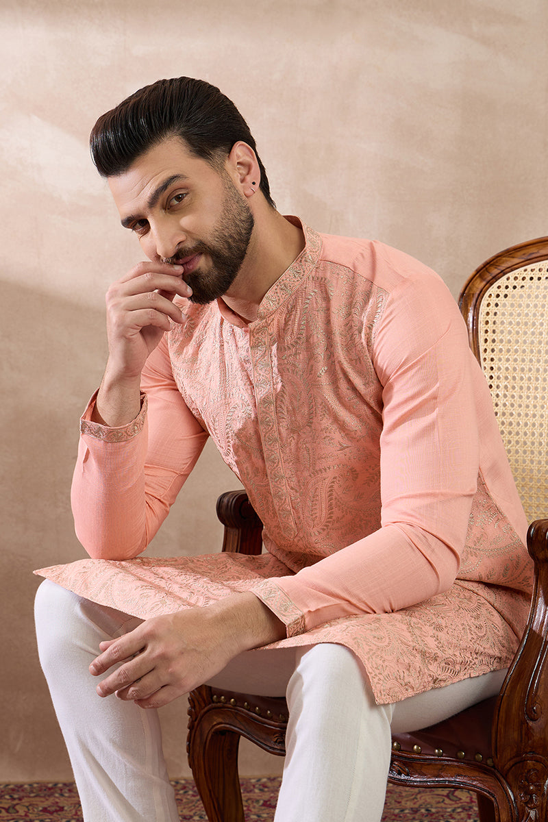 Peach Silk Blend Embroidered Mandarin Collar Straight Kurta With Trouser MKSET2045