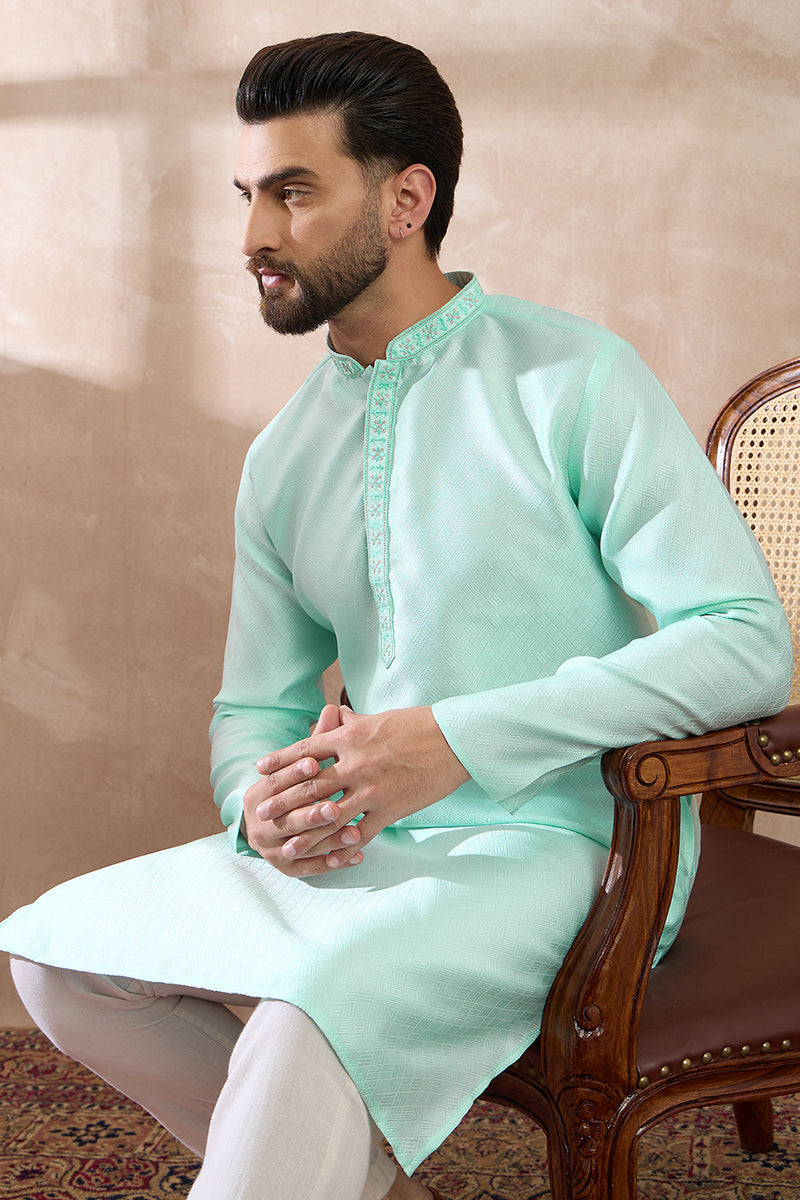 Teal Polyester Woven Design Mandarin Collar Straight Kurta With Trouser MKSET2016
