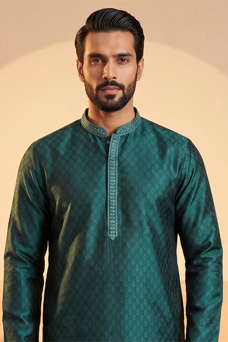 Green Silk Blend Woven Design Straight Kurta With Trouser MKSET1838