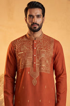 Orange Silk Blend Solid Emboidered Straight Kurta MKU2372