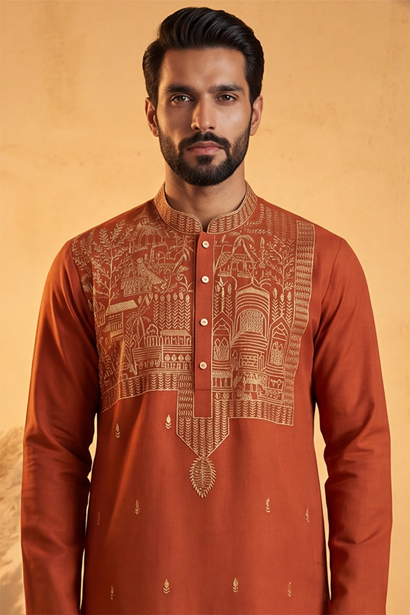 Orange Silk Blend Solid Emboidered Straight Kurta MKU2372