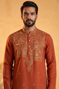 Orange Silk Blend Solid Emboidered Straight Kurta With Trouser MKSET2372
