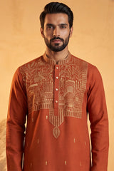 Orange Silk Blend Solid Emboidered Straight Kurta With Trouser MKSET2372
