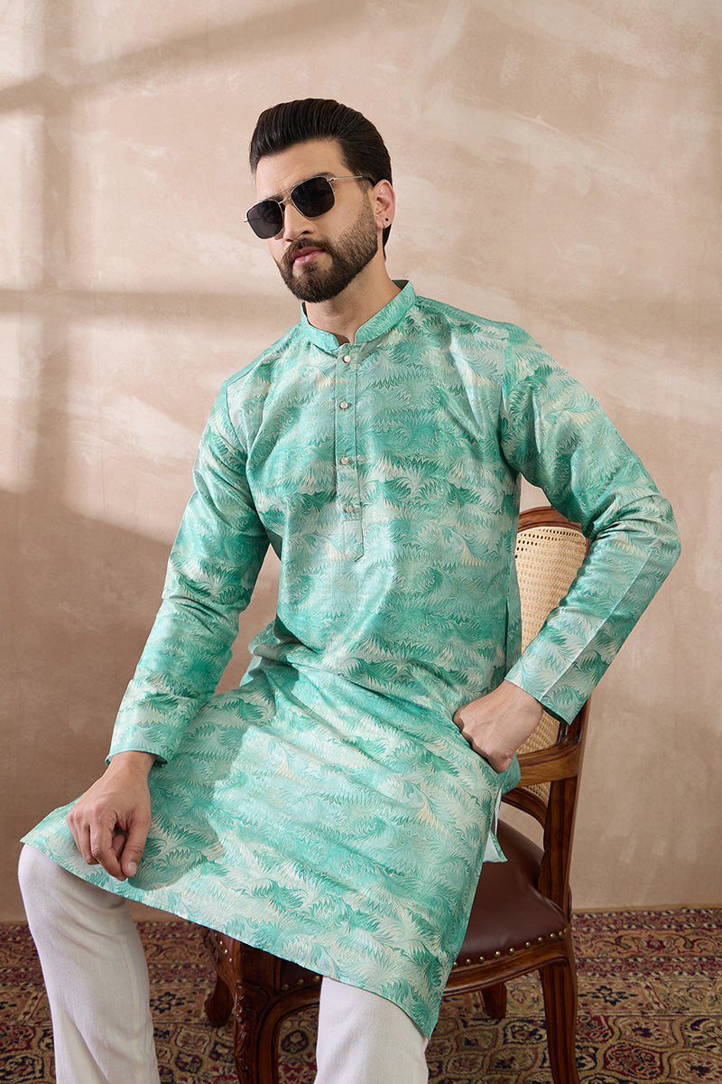 Green Silk Blend Printed Mandarin Collar Straight Kurta MKU2022