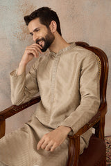 Beige Silk Blend Embroidered Solid Straight Kurta with Trousers MKSET2326