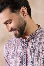 Lavender Silk Blend Embroidered Mandarin Collar Straight Kurta With Trouser MKSET2041