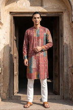 Brown Silk Blend Printed Straight Kurta With Trousers MKSET2177