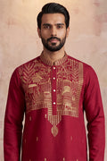 Red Silk Blend Solid Emboidered Straight Kurta With Trouser MKSET2375