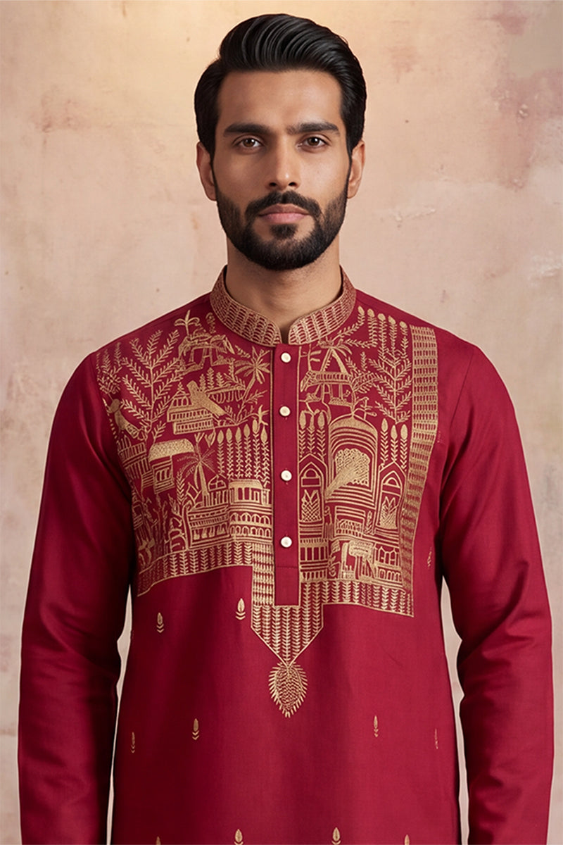 Red Silk Blend Solid Emboidered Straight Kurta With Trouser MKSET2375