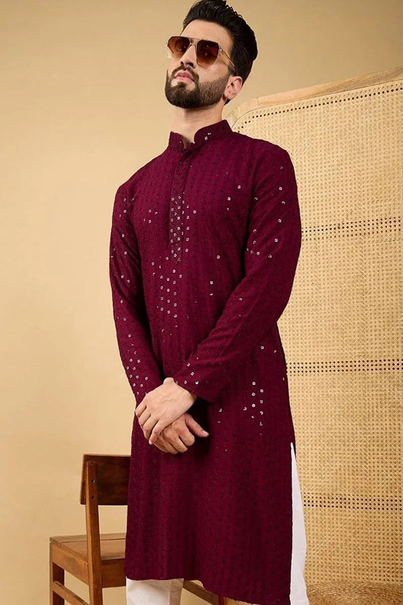 Maroon Viscose Rayon Solid Embroidered Straight Chikankari Kurta MKU1044