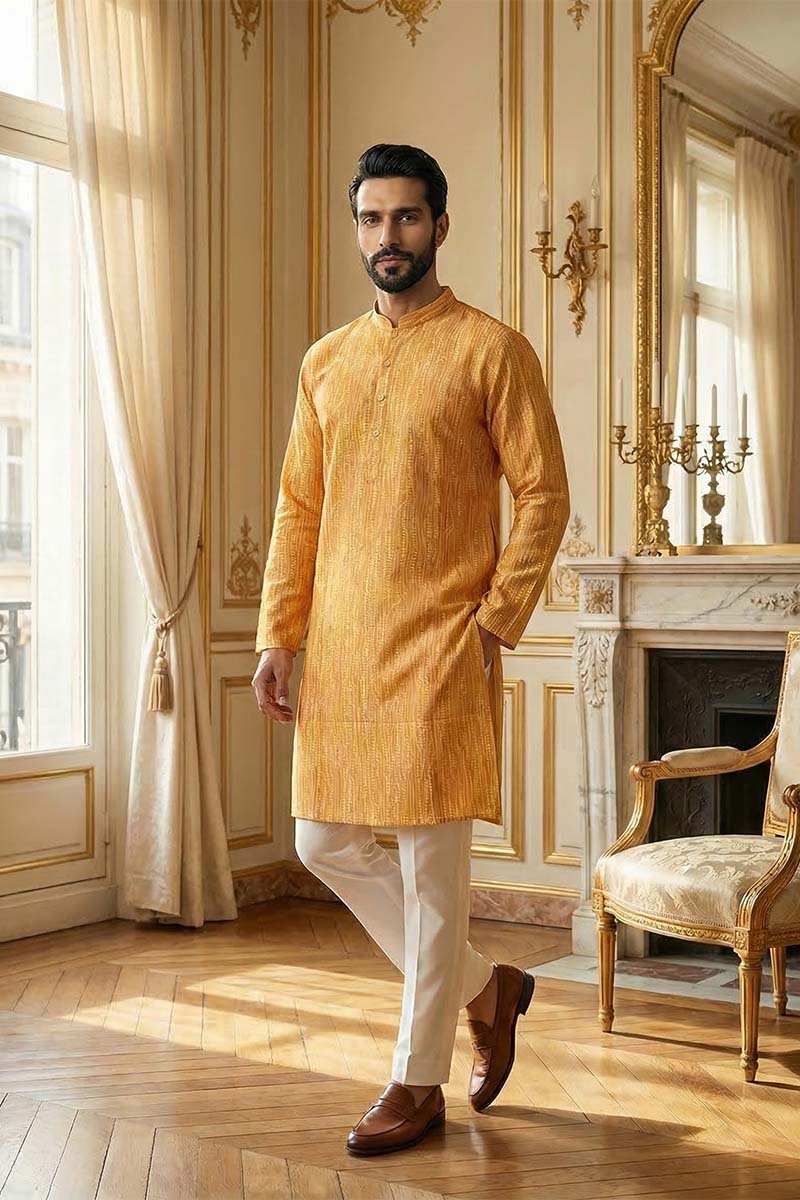 Yellow Silk Blend Printed Straight Kurta MKU2170