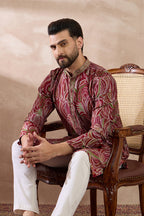 Red Silk Blend Printed Mandarin Collar Straight Kurta MKU1959